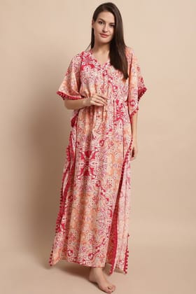 Pink Floral Printed Viscose Rayon Nightdress Kaftan-ONESIZE