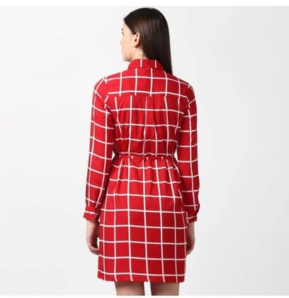 Women's Polyester Checkered Long Sleeves Above Knee Dress (Red, S)-PID55768