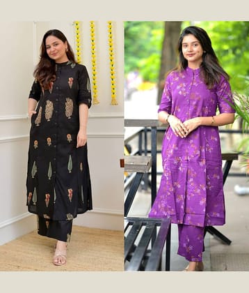 YAGNIK FASHION Women Cotton Blend Printed Straight Kurti With Salwar ( Multicolor )