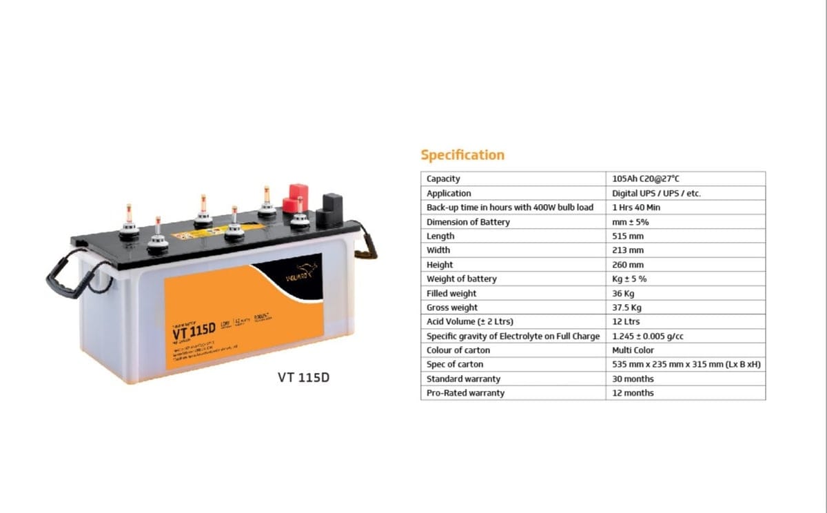V-Guard VT 115D Inverter Battery (105Ah) | Reliable Power Backup | Home & Office UPS