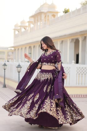Trending Wine Embroidered Fully Flaired Georgette Lehenga Made with Rich Sequins And Thread Embroidered Work