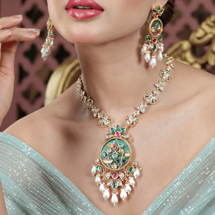 Traditional Multicolor Pendant Necklace and Earrings Set