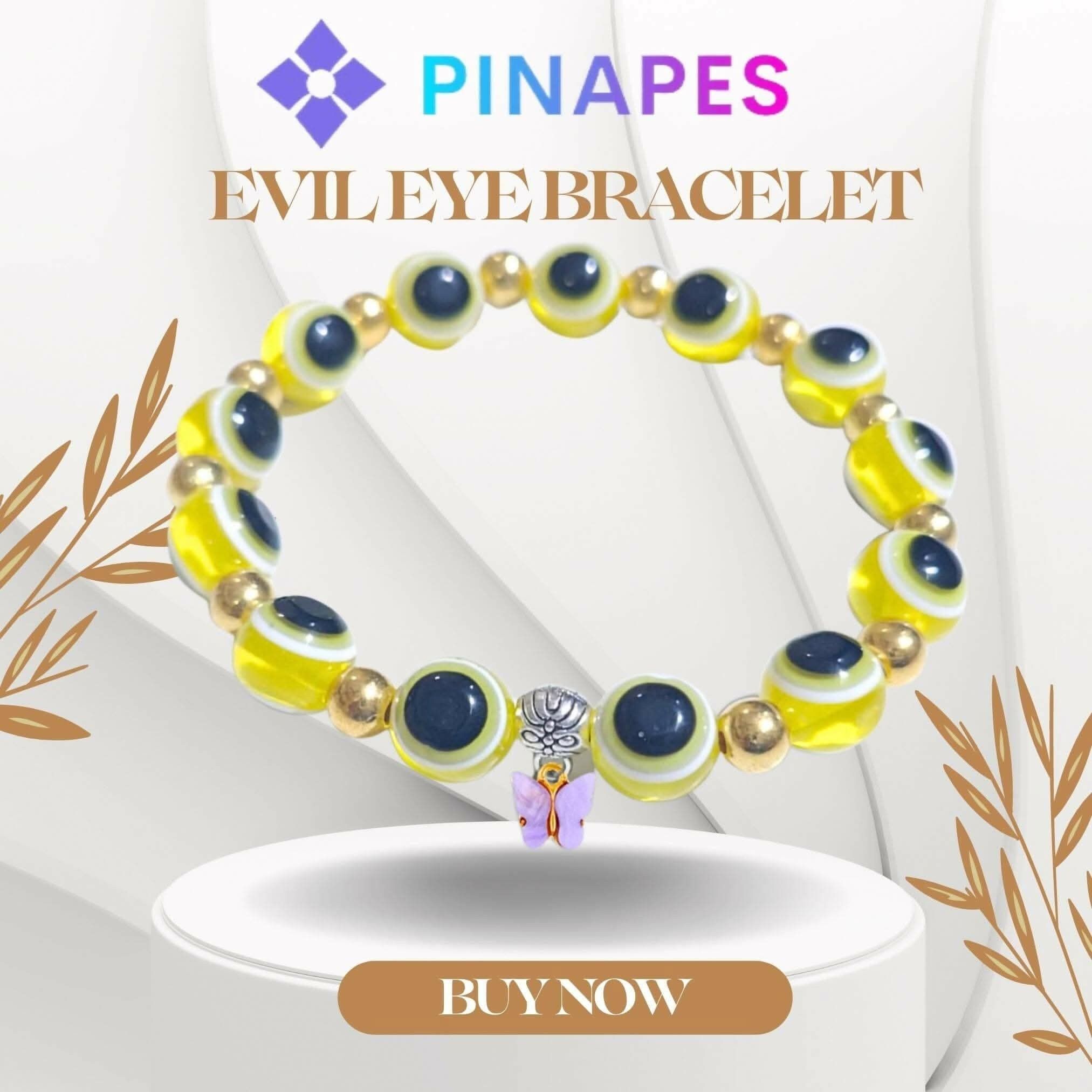 Pinapes Butterfly Beads and Evil Eye Charm Bracelet A Must-Have for Fashionable and Superstitious Women with Violet Butterfly - Yellow