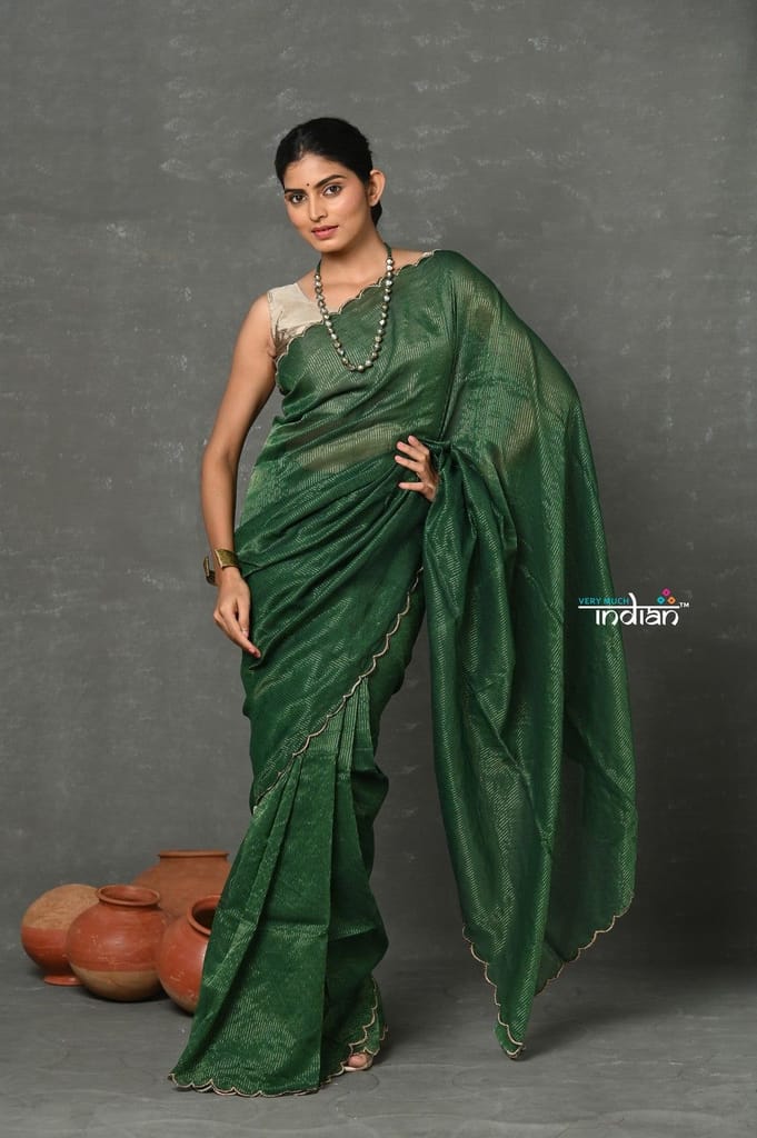 Tyohaar ~ Mul Cotton Zari Design Handloom Woven Saree - Dark Green - Sarees | Buy online on ZillyBuy