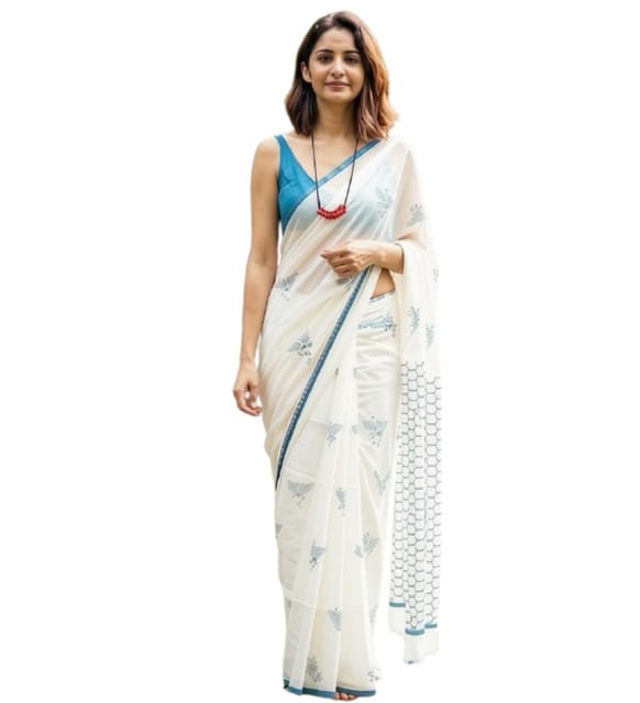 Women's Linen Printed Saree With Unstitched Blouse - 5.5 Mtr (White-Blue)