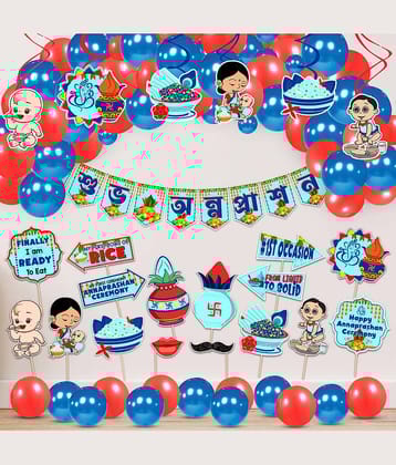 Zyozi Blue Annaprasanam Swirls Hanging with Annaprasanam Bunting Banner Benagli Font Shubh Annaprashan and Balloon,Photo Booth Props,Rice Ceremony Decorations Items (Pack of 50)