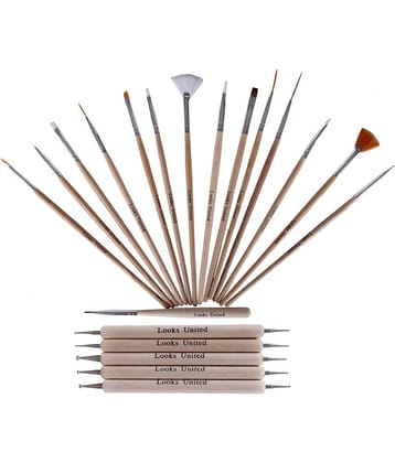 Looks United Pack Of 15 Nail Art Brushes And 5 Two Way Dotting Tools Wood Color (Pack Of 20)