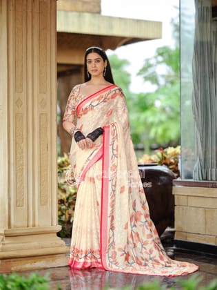Red And Creamy Jamdani Soft Silk Saree