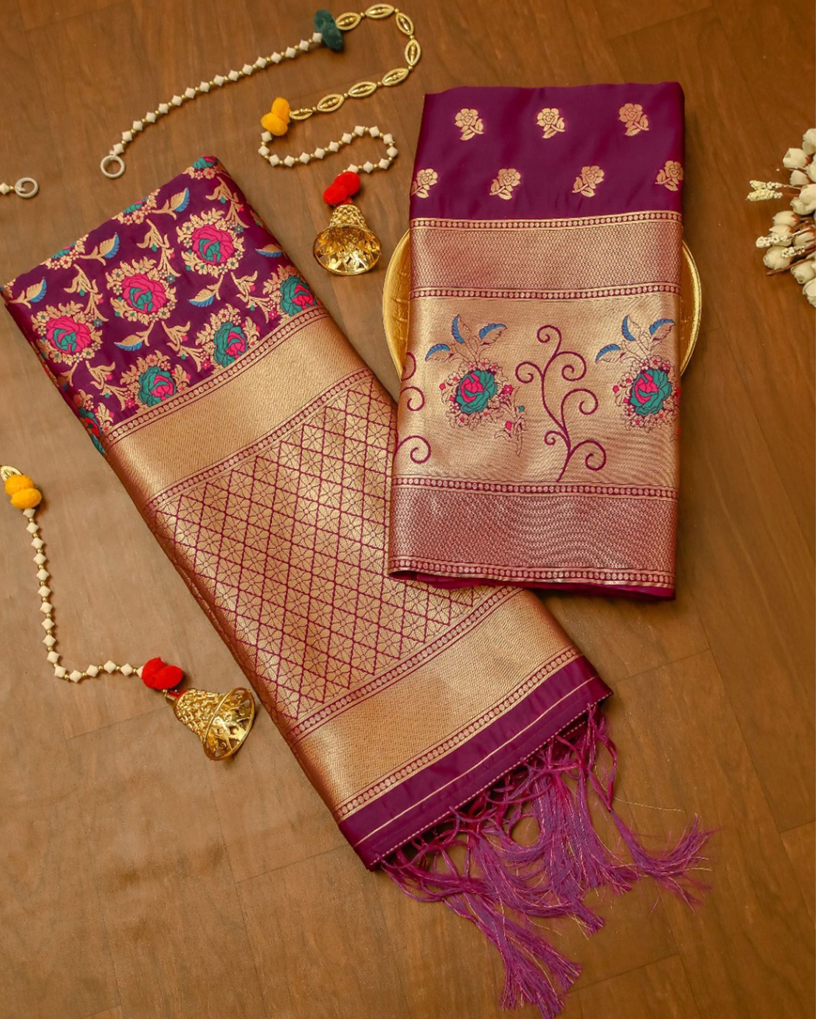 Noor-e-Banaras Brocade Weaving Lichi Silk Suit Purple
