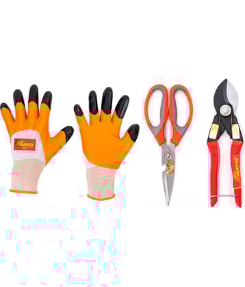 GLOBUS 1292 Steel Garden Tool Set/2 PCS (Garden Scissor and German Pruner 8") with Working Gloves