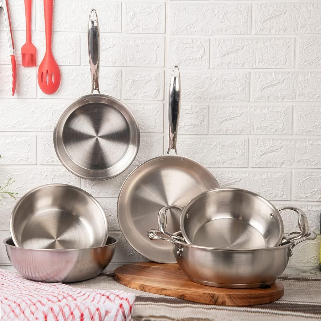 Femora Bottom Triply Stainless Steel 2 Pc Cookware Set, 26 cm Indian Kadai, 24 cm Flat Frypan, Induction Bottom, Gas Ready, Even and Fast Heating, Silver