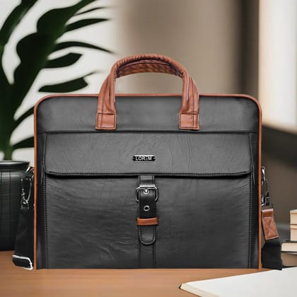 LOREM Black Color Faux Leather 10L Laptop Messenger Bag For Men BG56