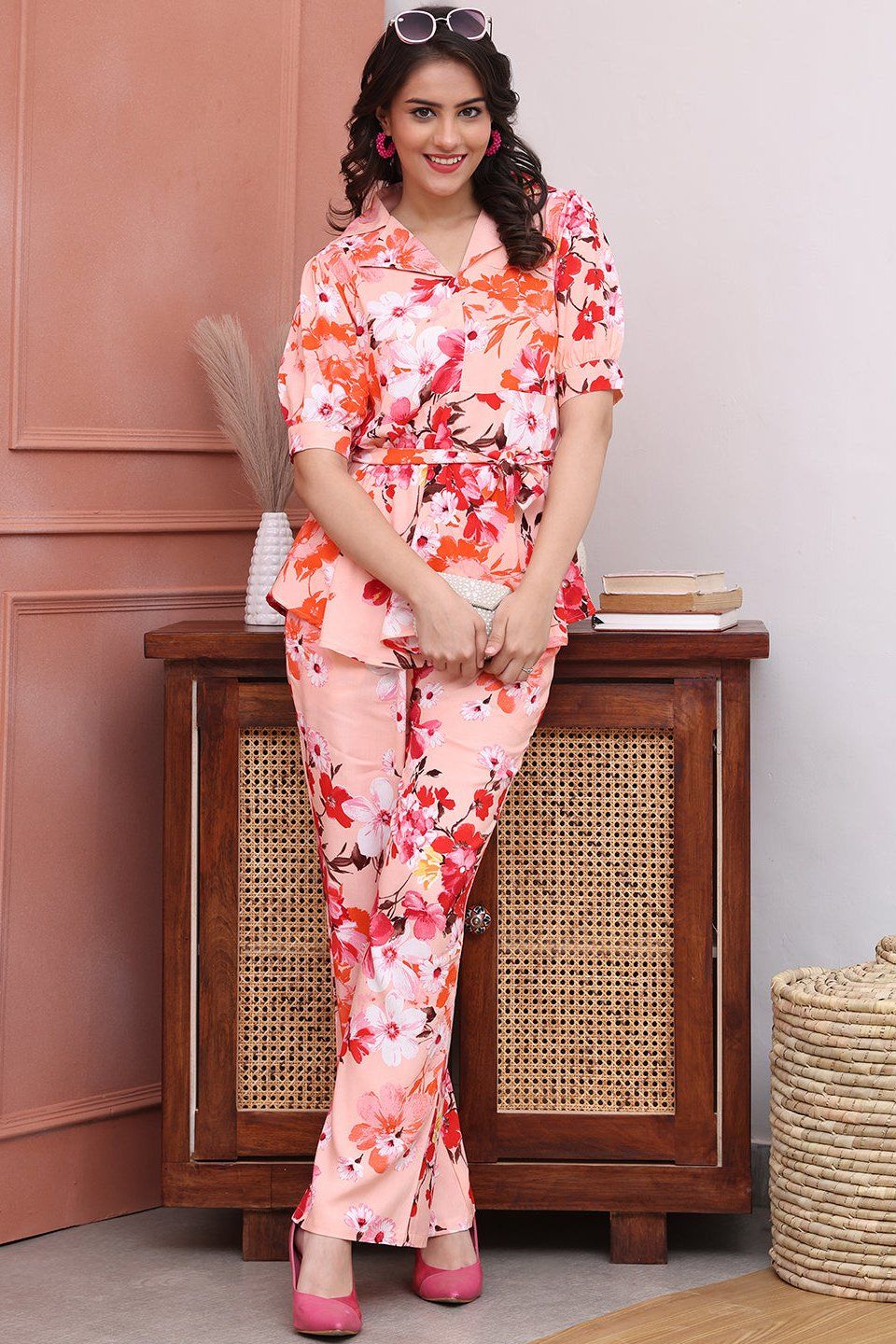 Pink Color Floral Printed Viscose Rayon Co-ord Set-S