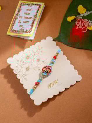 NVR Men Red & Blue Artificial Stones and Beads Om Thread Rakhi with Roli Chawal Chandan & Mishri-One Size / Multicolor