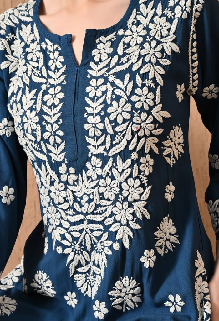 Hand Embroidered Chikankari Rayon Plazo Set - Teal