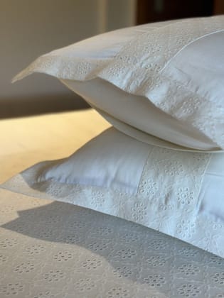 KRI India Ivory Schiffli Linen Bedsheet Set | Pure White  | 100x100 inches  | Wash & Care | 100% Cotton | Handcrafted in India. 100% organic & natural.