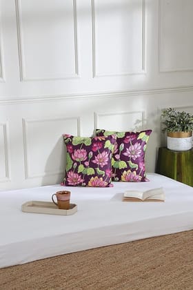 Koko Decorative Polyester Cushion Cover - 16 x 16 inch Pink Lotus Print, Soft Textured Solid Color Design | Set of 2 for Bed & Sofa