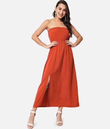 ALL WAYS YOU Women Polyester Solid Side Slit Dress ( Fluorescent Orange )