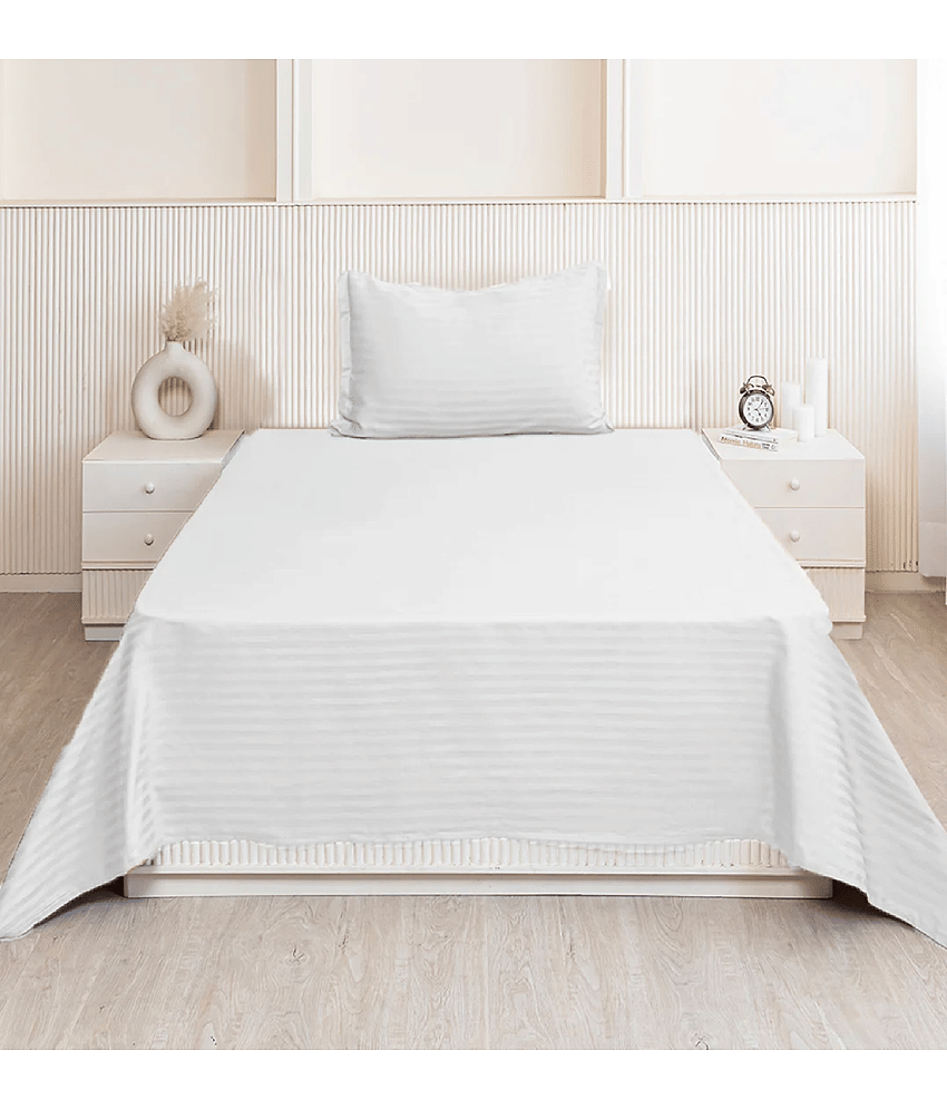 Greenery White Poly Cotton 1 Single Bedsheet with 1 Pillow Cover ( 215 cm x 135 cm )