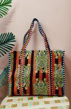 Handblock Printed Quilted Tote Bag with concealed zip ( 17x18x 6 inches)