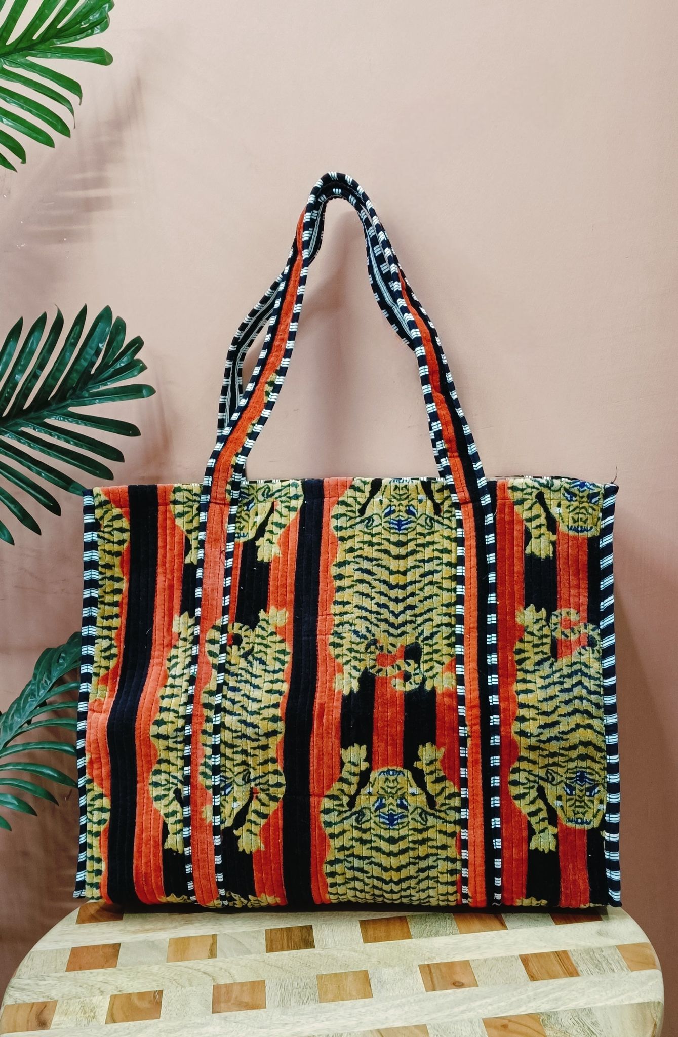 Handblock Printed Quilted Tote Bag with concealed zip ( 17x18x 6 inches)