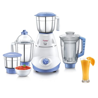 Prestige Iris 750 Watt Mixer Grinder with 3 Stainless Steel Jar + 1 Juicer Jar (White and Blue) Prestige Iris 750 Watt Mixer Grinder with 3 Stainless Steel Jar + 1 Juicer Jar (White and Blue) - White / Standard