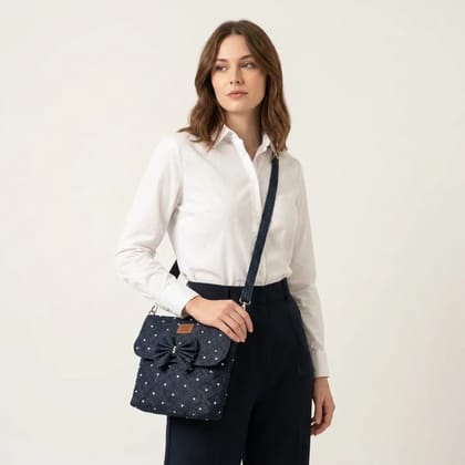 Navy Blue Polka Dot Crossbody Bag With Bow Accent 24x20x6 Cm Navy Blue Polka Dot Crossbody Bag With Bow Accent 24x20x6 Cm