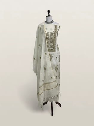 Chikankari Mul Chanderi Dress Material Ivory Green Floral