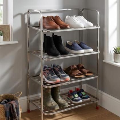 4 Tier Stainless Steel Shoe Rack, Shoe Stand Organizer, Rust Resistant Multipurpose Footwear Storage Rack for