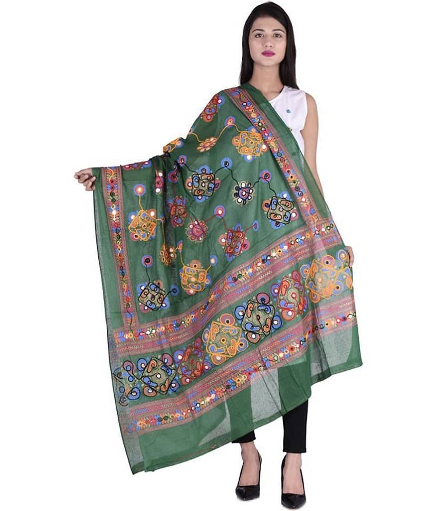 Apratim Green Cotton Kutch Embroidered Dupatta