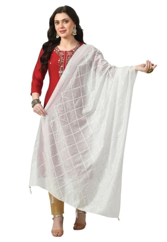 Women's Chanderi Self Degine Dupatta (White)-PID51266