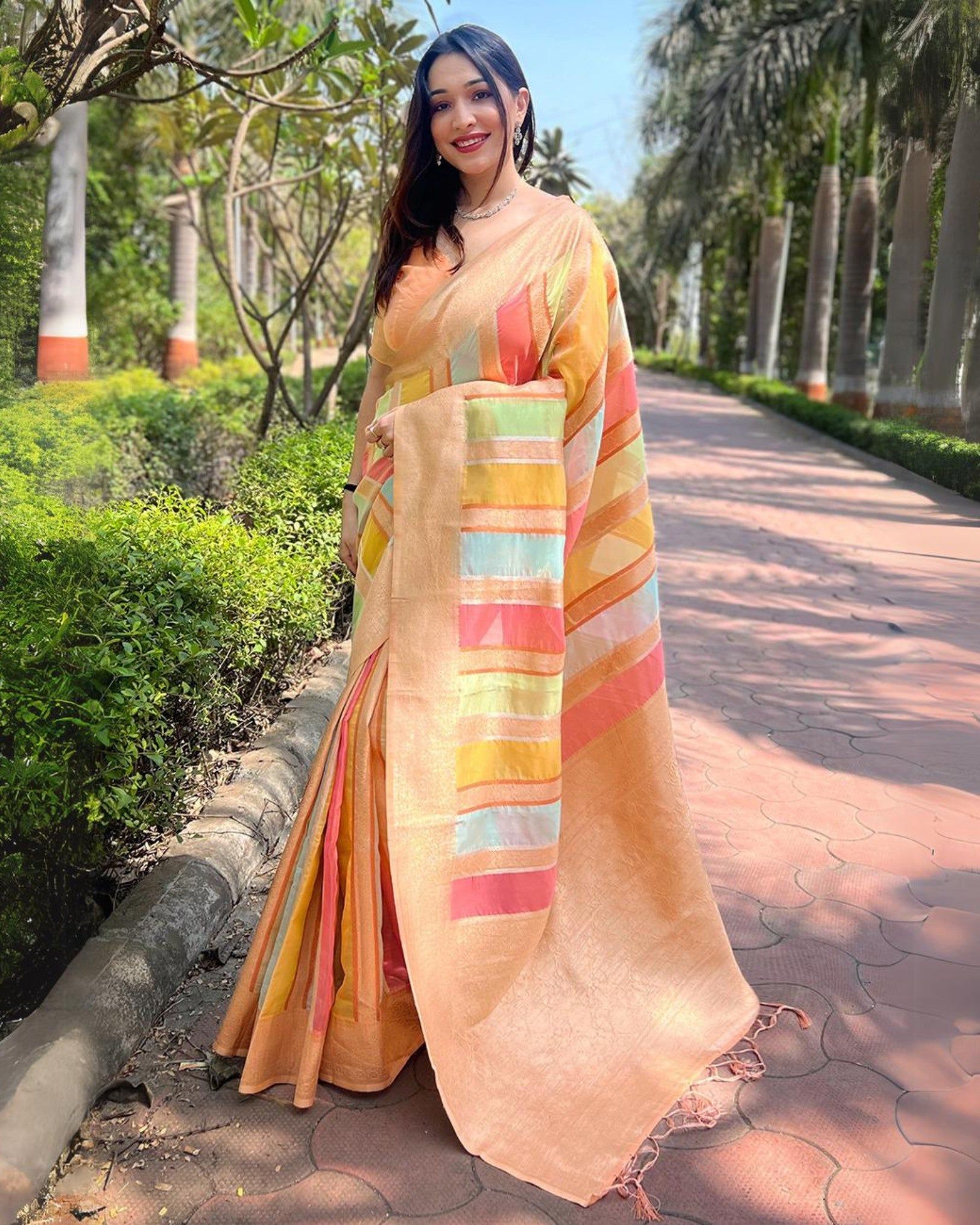 Satrangi Re Organza Silk Dark Peach Zari Woven Saree