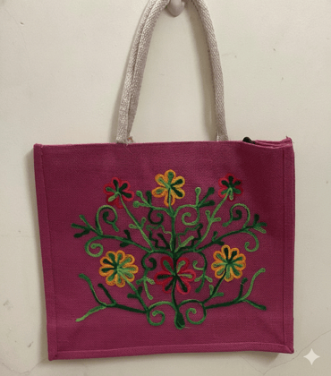 Baggz And Baggz Premium Hand-Embroidered Jute Tote Bag (Pink) | Eco-Friendly & Durable | Festive Gifting & Return Gifts