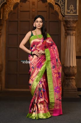 Parampara Revived - Woven Garden – Handloom All Over Pure Silk Paithani Saree with Floral Weave in Pink