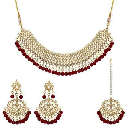 Partywear Collection Maroon Color Imitation Pearl Kundan Necklace With Earring & Maang Tikka-Earring Length: 8.00 CM x Width: 2.00 CM / Maroon / Alloy With Good Quality Gold Plated