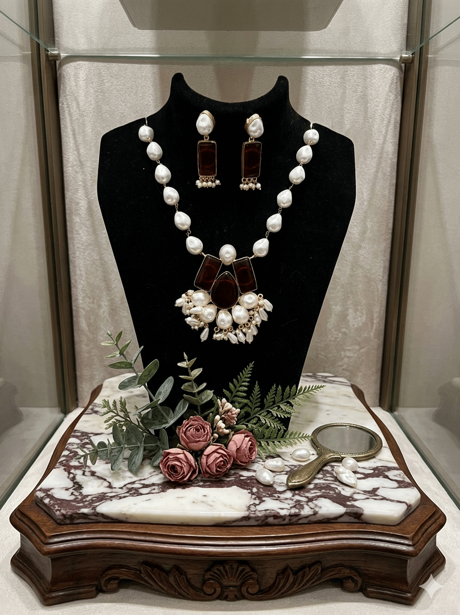 Smitam Jewels Saanjh Pearl Monalisa Stone Mother of Pearl Necklace Set