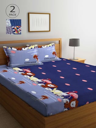 Blue & Grey Graphic 300 TC 2 King Bedsheets with 4 Pillow Covers