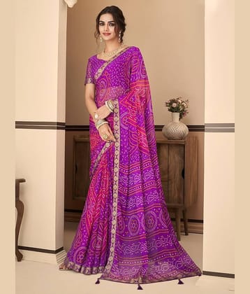Nandini Creation Chiffon Printed Saree With Unstitched Blouse Piece ( Purple )