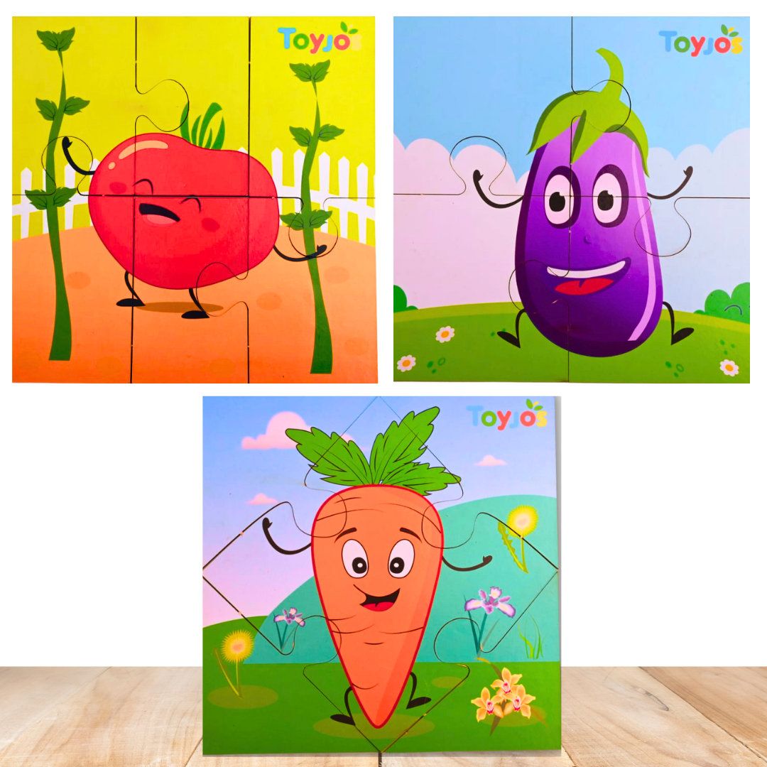 Toyjos Vegetable Theme Wooden Puzzle Set | 2-5 Years Children Educational Jigsaw Puzzle Toy | Early Learning Cognitive Skill Development Jigsaw Game Toy Birthday Gift for Boys, Girls (Set of 3, 20 Pc)