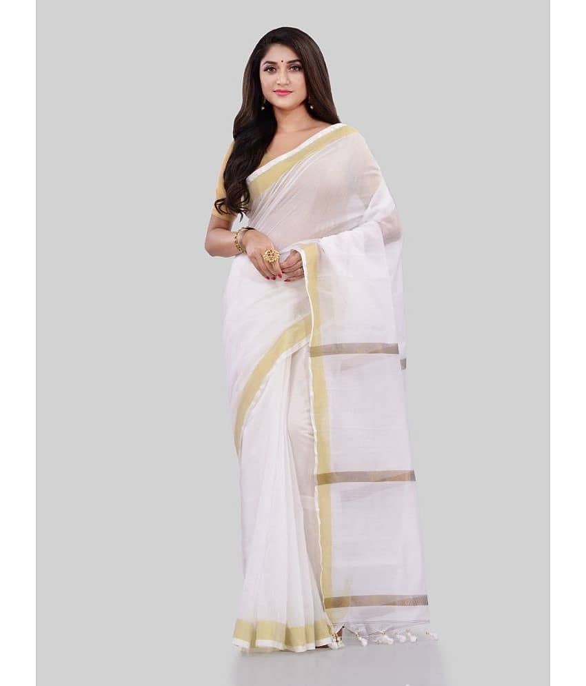 Desh Bidesh Cotton Striped Saree With Unstitched Blouse Piece ( White )