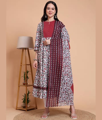 Yash Gallery Women Cotton Printed Anarkali Kurti With Pants ( White )