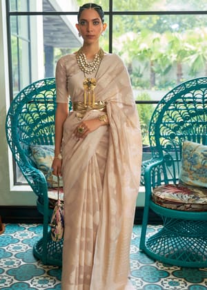 Classy Beige Woven Lucknowi Linen Silk Saree