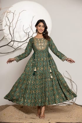 Embroidered Bandhani Printed Long Ethnic Dress-RED / M