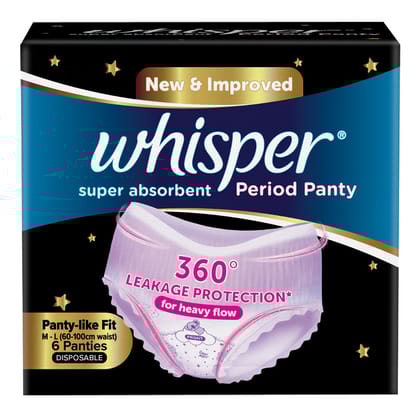 Whisper Super Absorbent Period Panty, 6 M-L Pants, 360 Degree Leakage Protection for Heavy Flow, Panty Like Fit for Full Back Coverage, Absorbs Heavy Gushes, Silky Soft, Comfortable Feel White