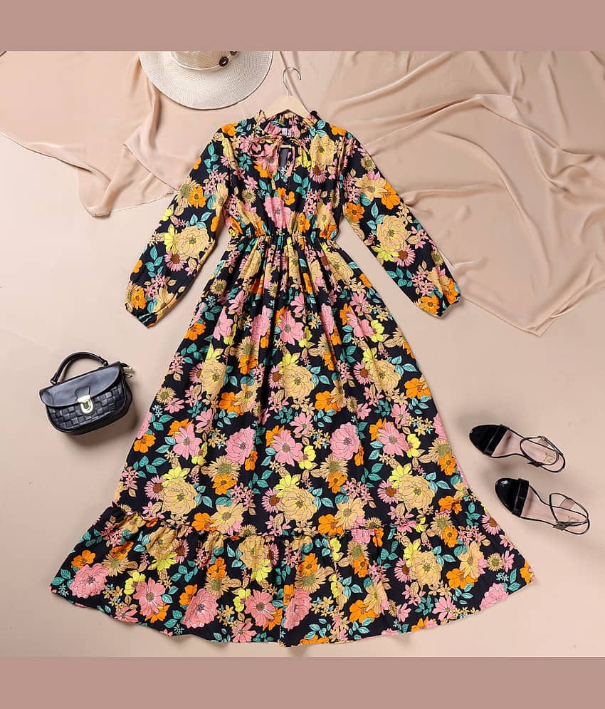 Femvy Women's Polyester Printed Fit & Flare Dress ( Gold )