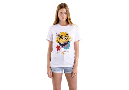 Women Short Sleeve Cotton Blend Oversized Printed Round Neck T-Shirt White (Size M)