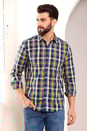 Check Cotton Shirt Blue Yellow (Size - S) by BLUE EAGLE