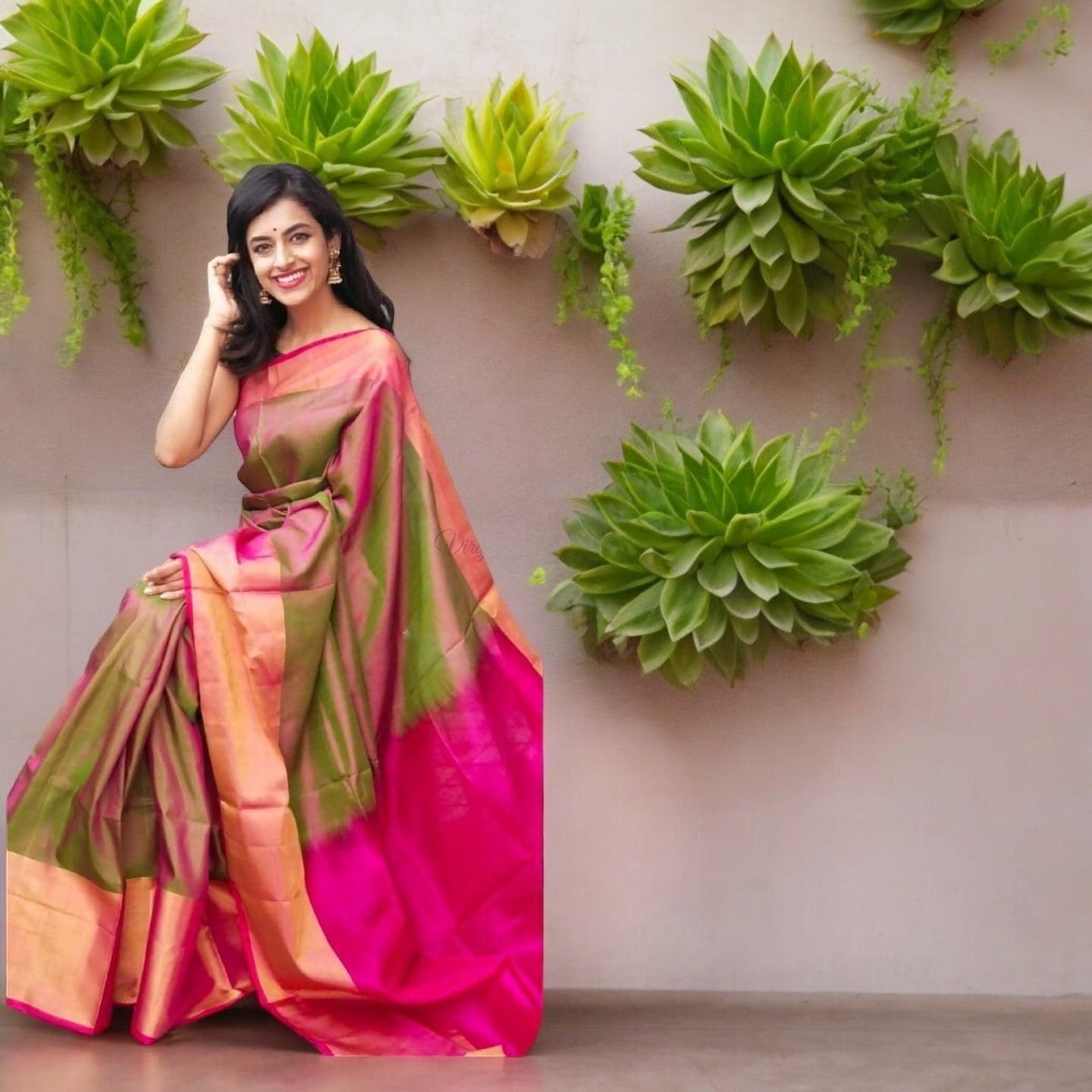 Uppada Silk Body Green, Uppada Pallu Contrast Uppada Pink Blouse