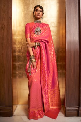 Orange Pink Woven Silk Saree