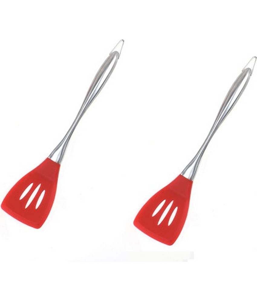 Baskety Red Silicone Steel Slotted Plain Spatula ( Pack of 2 )